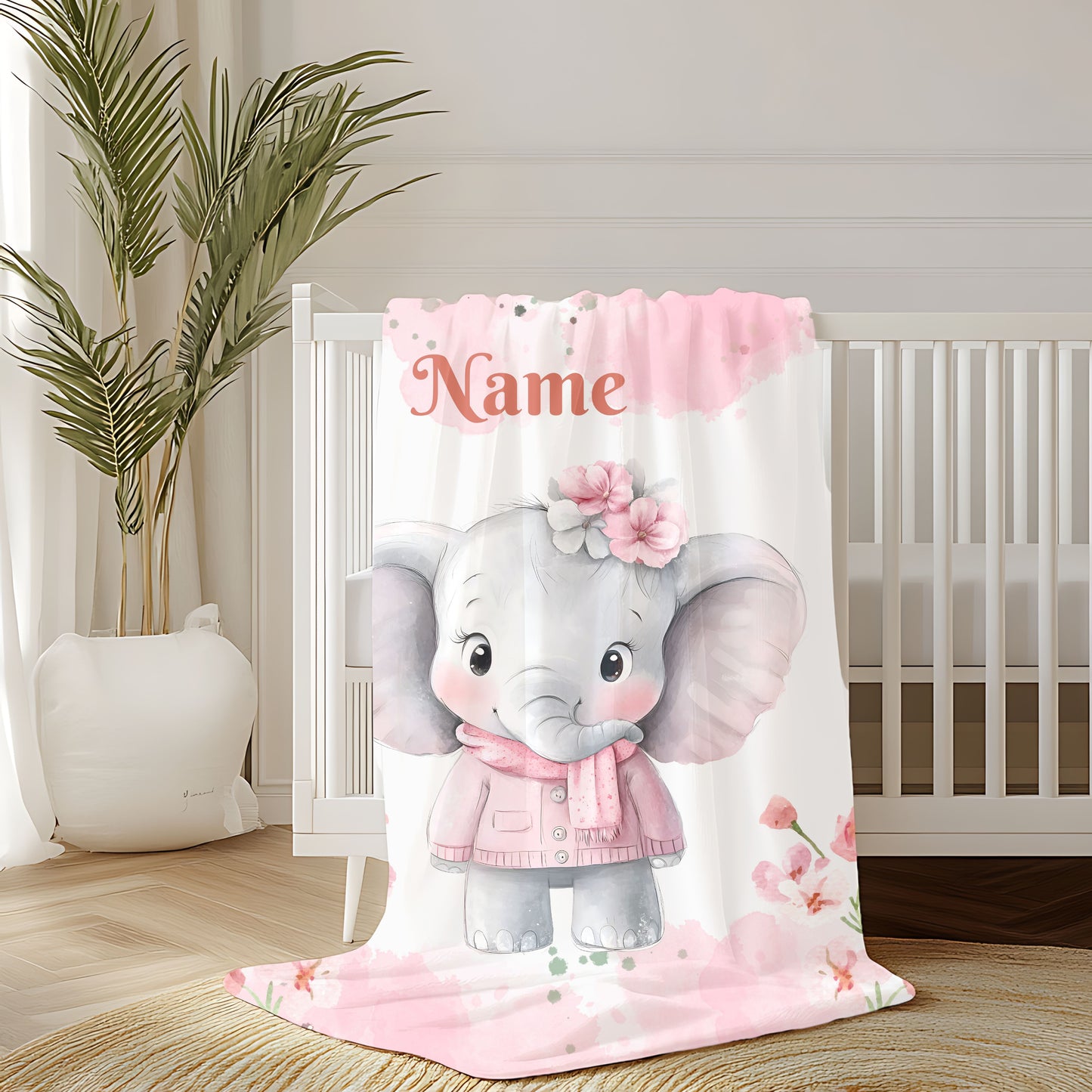 Personalized Baby Elephant Velveteen Plush Blanket, Custom Nursery Blanket, Baby Shower Gift, Cozy Snuggle Blanket, Childrens Home Decor
