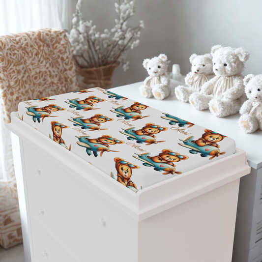 Bear Pilot Baby Changing Pad Cover — Cute Airplane Nursery Print