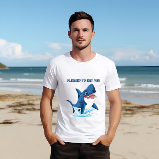 Cute Shark Pleased to Eat You T-Shirt, Fun Gift for Ocean Lovers, Humorous Summer Apparel, Shark Week Party Shirt, Unisex Casual Tee