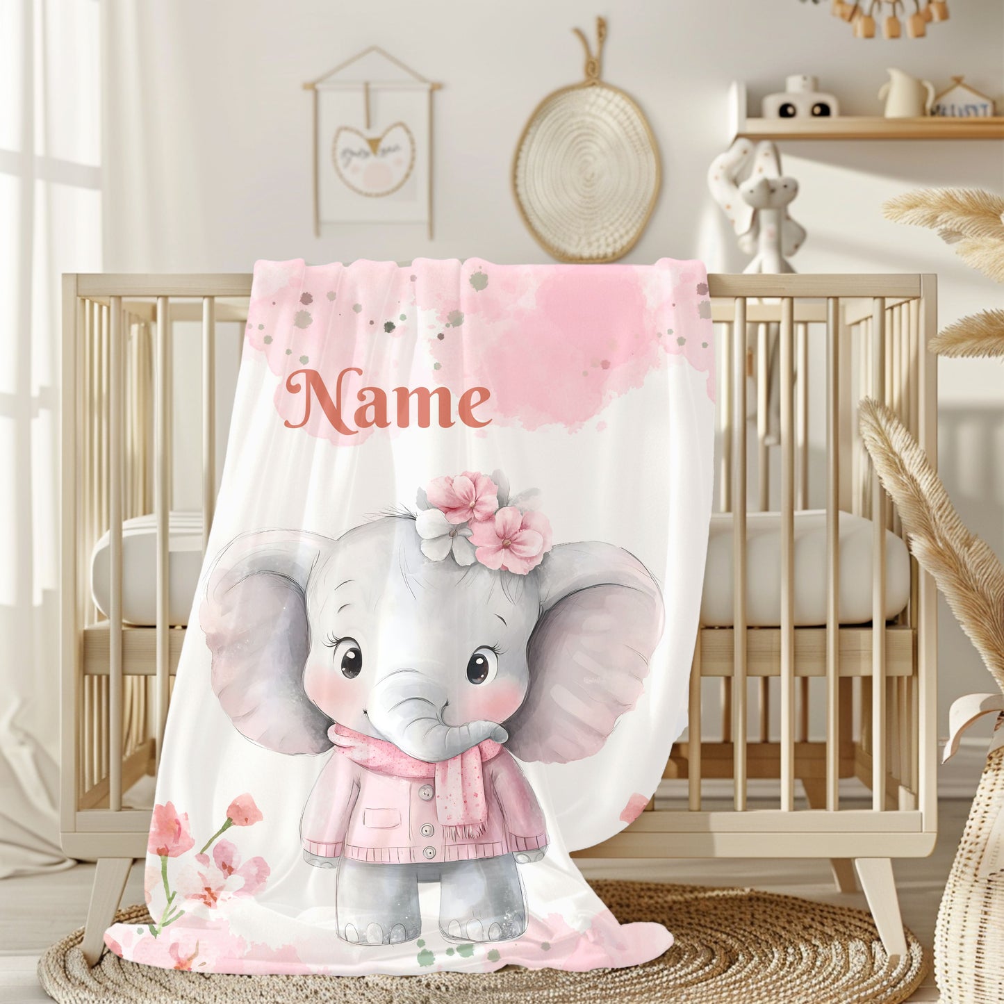 Personalized Baby Elephant Velveteen Plush Blanket, Custom Nursery Blanket, Baby Shower Gift, Cozy Snuggle Blanket, Childrens Home Decor