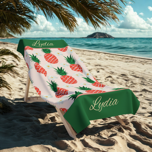 Pineapple Pattern Beach Towel — Personalized Name Tropical Summer Towel