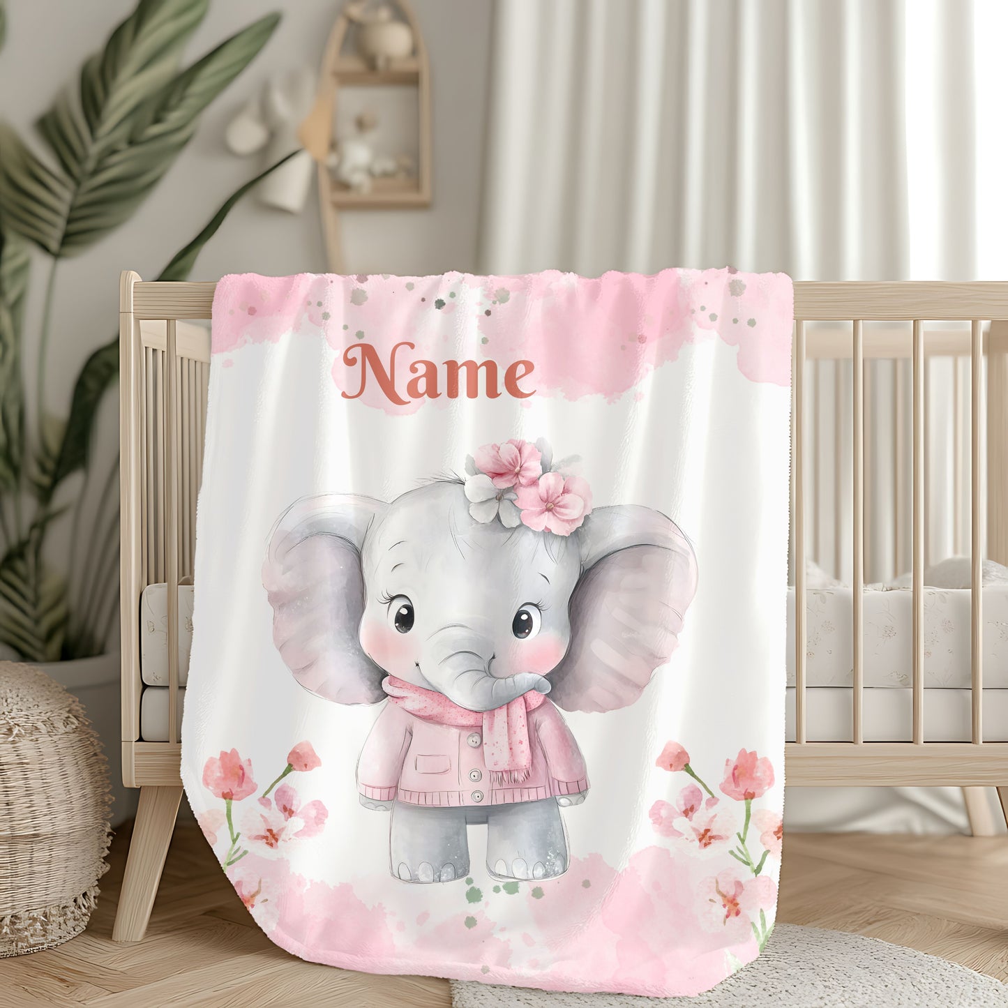 Personalized Baby Elephant Velveteen Plush Blanket, Custom Nursery Blanket, Baby Shower Gift, Cozy Snuggle Blanket, Childrens Home Decor