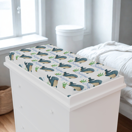 Changing Pad Cover - Cute Blue Whale Nursery Print (Personalized Name Option)