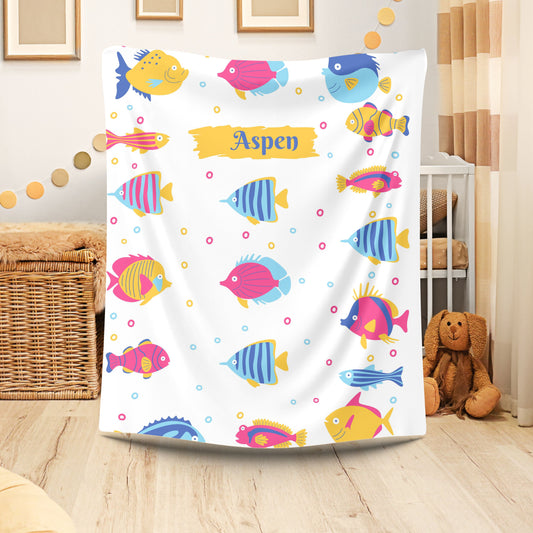Colorful Fish Pattern Velveteen Plush Blanket, Personalized Home Decor, Cozy Throw for Beach Lovers, Great Gift for Kids, Nursery Blanket