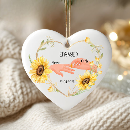 Engaged Couple Ceramic Ornament, Heart-Shaped Decor, Custom Wedding Keepsake, Floral Engagement Gift, Personalized Holiday Decoration