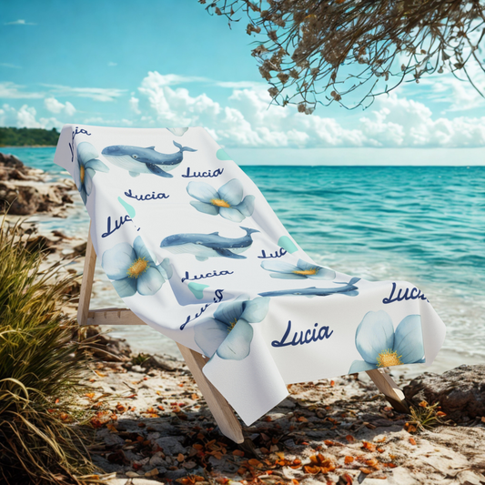 Personalized Dolphin & Plumeria Beach Towel — Custom Name Seaside Towel