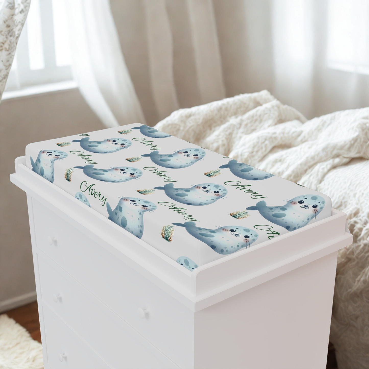 Seal Pattern Baby Changing Pad Cover — Personalized "Aubrey" Nursery Waterproof Cover
