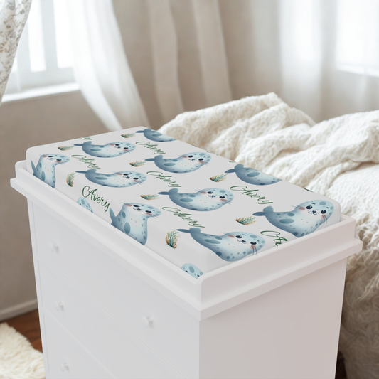 Seal Pattern Baby Changing Pad Cover — Personalized "Aubrey" Nursery Waterproof Cover