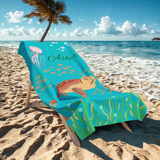 Sea Turtle Personalized Beach Towel — Custom Name Jellyfish Ocean Design