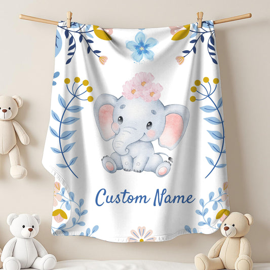Customizable Velveteen Plush Blanket with Elephant Design, Cozy Throw, Baby Shower Gift, Nursery Decor, Personalized Baby Blanket