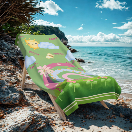 Personalized Kids Rainbow Beach Towel – Cute Sun, Flowers & Name