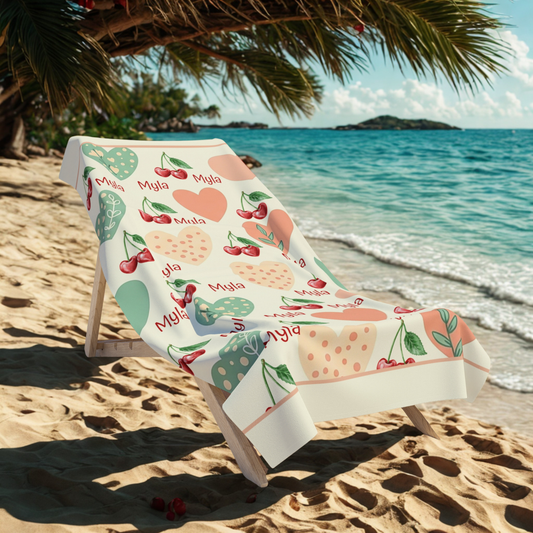 Personalized Cherry Heart Beach Towel — Custom Name "Myla" Pattern