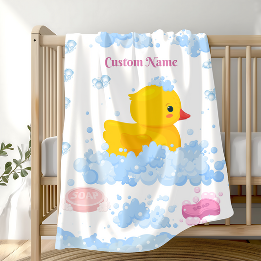 Custom Duck Bath Time Velveteen Plush Blanket, Baby Shower Gift, Nursery Decor, Personalized Blanket, Soft Throw Blanket