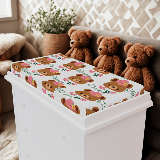 Bear Floral Baby Changing Pad Cover — Cute Pink Teddy Design for Nursery