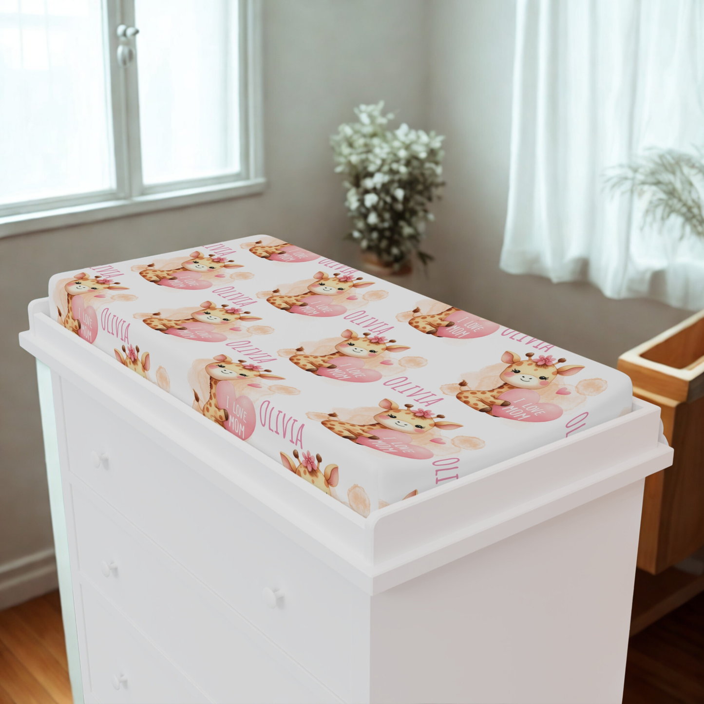 Giraffe Baby Changing Pad Cover – Personalized Pink Floral Nursery