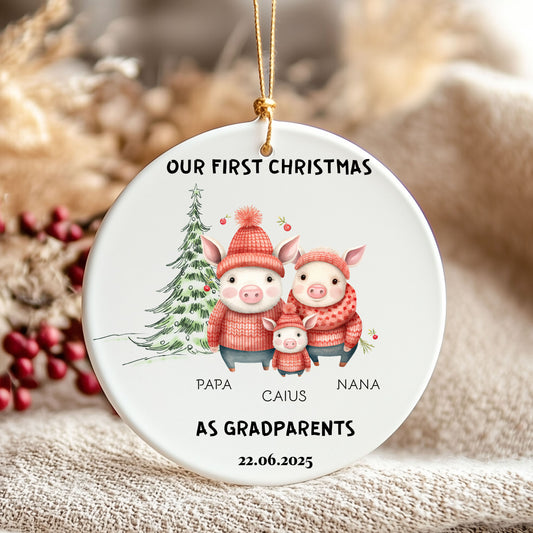 Personalized Family Christmas Ornament, Custom Pig Decor, Grandparents Gift, Holiday Keepsake, Cute Animal Decoration