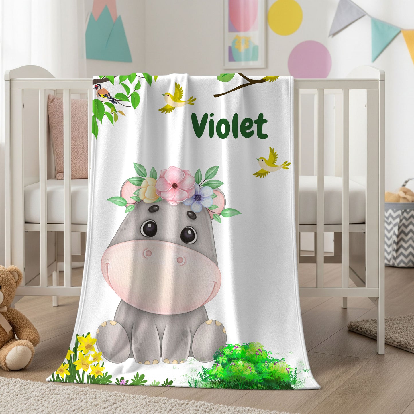 Cozy Velveteen Plush Blanket with Adorable Floral Hippo Design – Perfect for Baby Showers, Gifts, Home Decor, Nursery, Child's Room