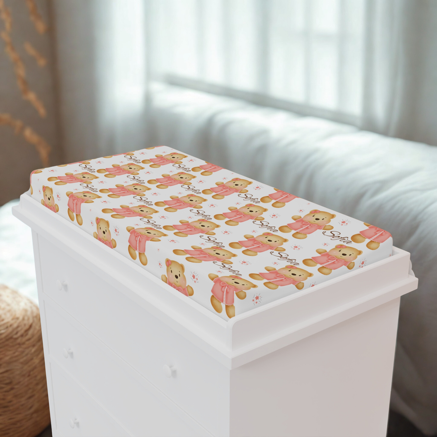 Changing Pad Cover — Cute Pink Teddy Bear Pattern