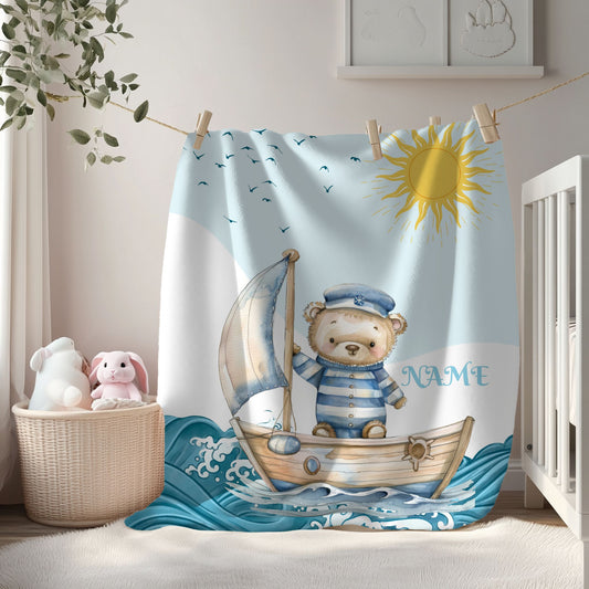 Nautical Bear Plush Blanket, Personalized Baby Blanket, Nursery Decor, Gift for New Parents, Cozy Blanket for Kids
