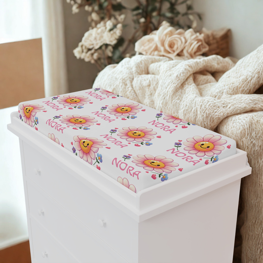 Changing Pad Cover — Pink Smiling Flower Personalized Baby Name (Nora)