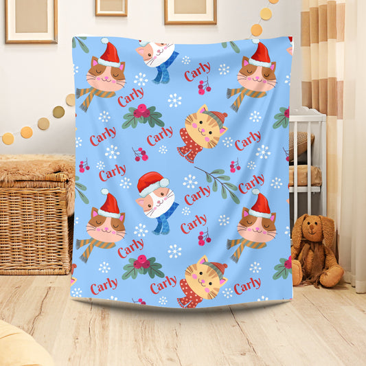 Festive Cat Plush Blanket - Cozy Holiday Throws, Winter Decor, Personalized Gift, Kids Bedding, Cat Lover Gift