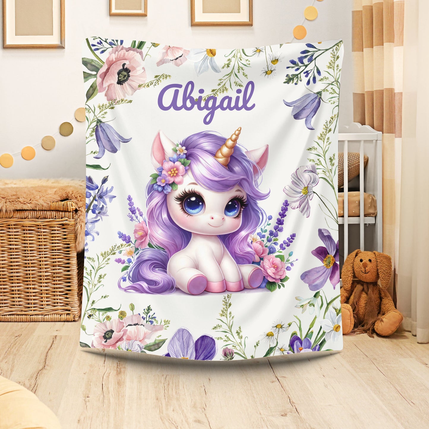 Personalized Unicorn Plush Blanket, Cozy Child's Blanket, Gift for Kids, Floral Throw, Child's Room Decor, Baby Shower Gift
