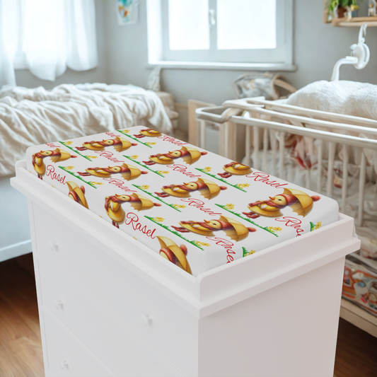 Changing Pad Cover — Cute Baby Chick with Straw Hat Personalized Name Option