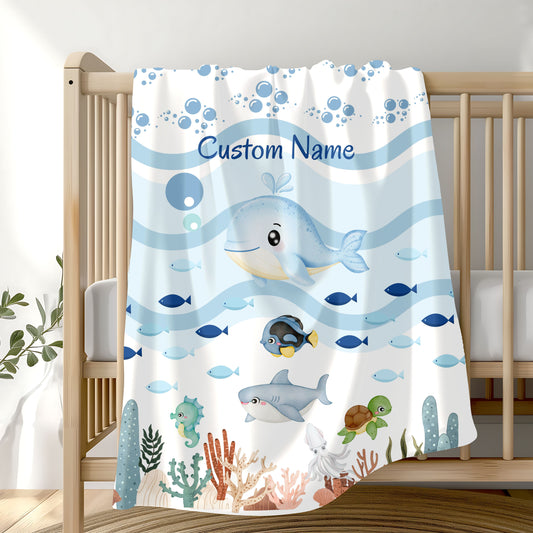 Custom Whale Theme Velveteen Blanket for Kids, Cozy Throw, Personalized Gift, Nursery Decor, Ocean Lovers, Baby Shower