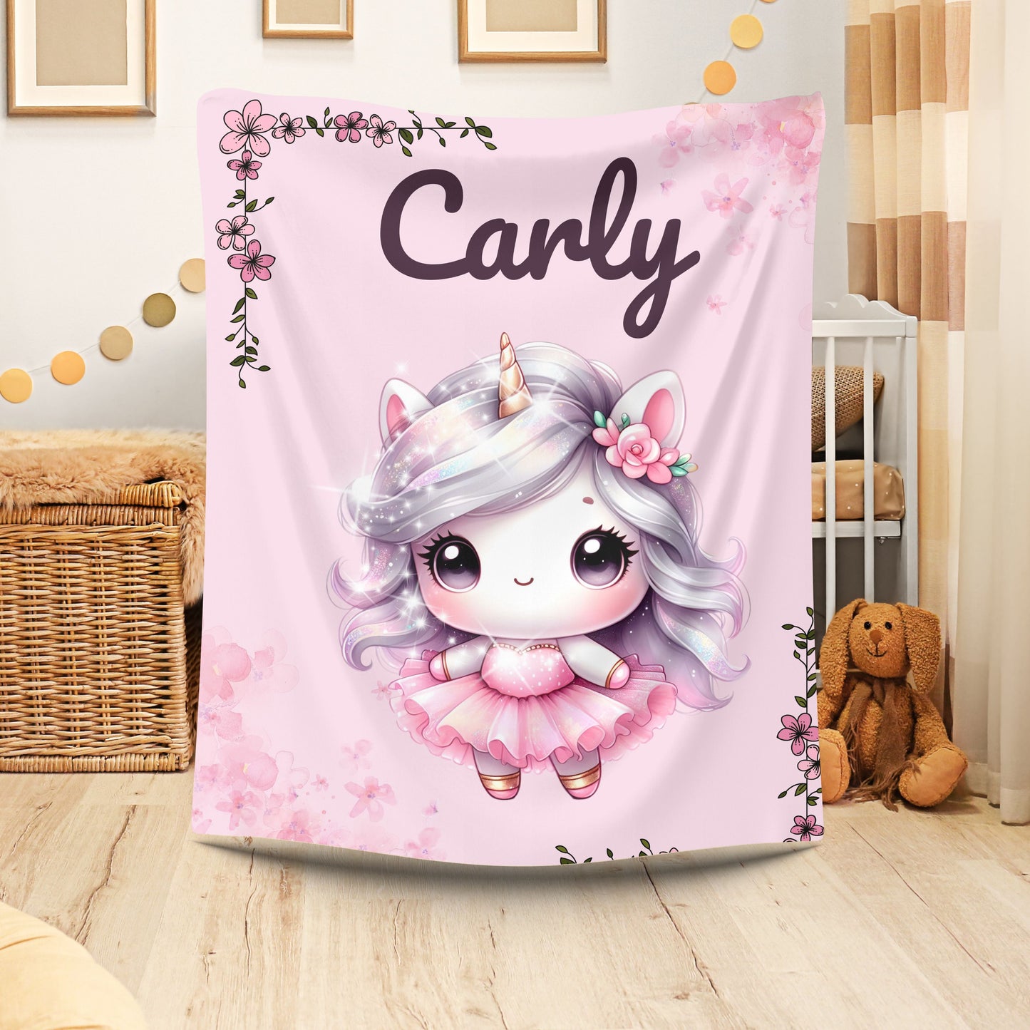 Customized Unicorn Velveteen Plush Blanket, Kid's Gift, Nursery Decor, Cozy Throw, Personalized Blanket, Birthday Present
