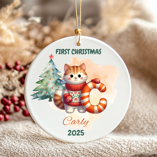 Personalized First Christmas Ornament - Cute Cat Design