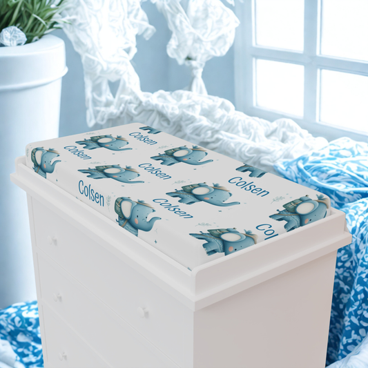 Baby Changing Pad Cover — Personalized Blue Elephant Nursery Cover (Custom Name "Colsen")