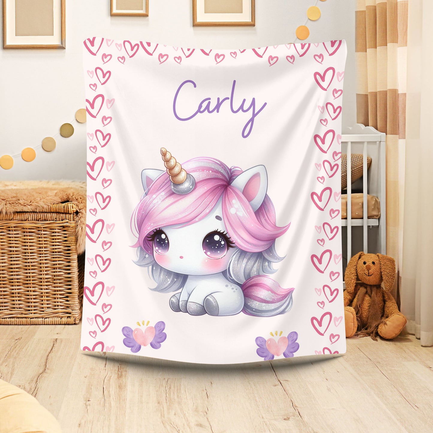 Personalized Unicorn Velveteen Plush Blanket, Custom Baby Blanket, Kids Blanket, Cozy Gift, Soft Throw Blanket, Nursery Decor