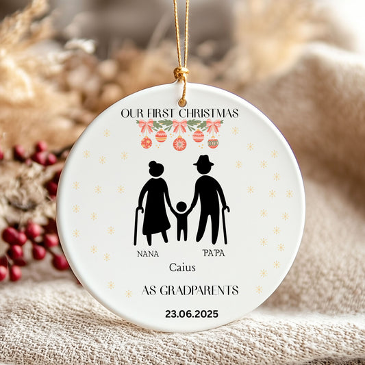 Personalized Ceramic Ornament, First Christmas as Grandparents Decor, 2023 Family Holiday Keepsake, Custom Gift for Nana and Papa