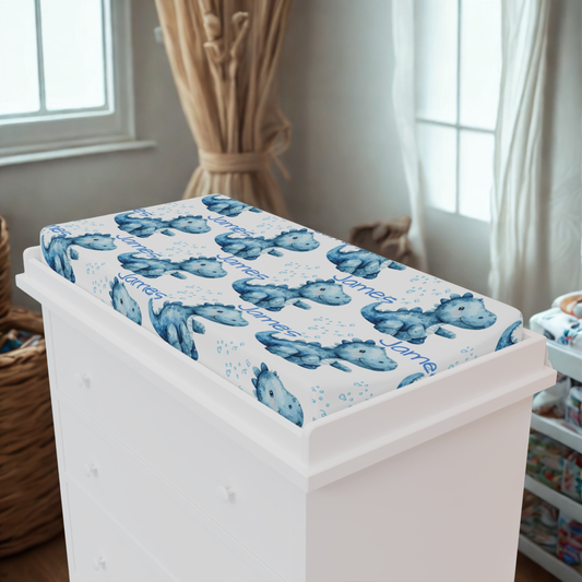Blue Watercolor Hippo Baby Changing Pad Cover — Personalized Name Option