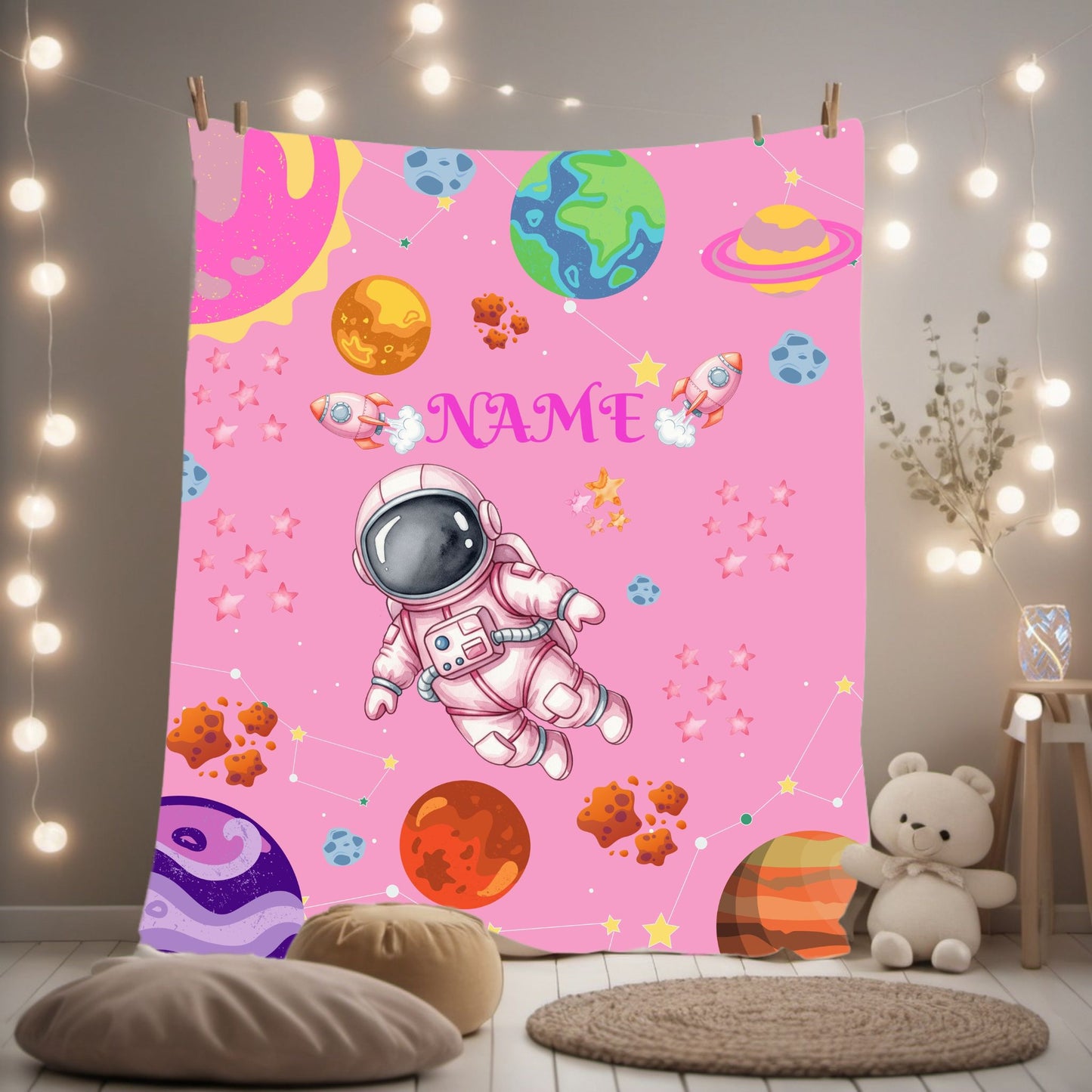 Cozy Astronaut Velveteen Blanket for Kids, Personalized Space Rocket Throw for Nursery, Gifts for Birthdays, Baby Showers, and Holidays