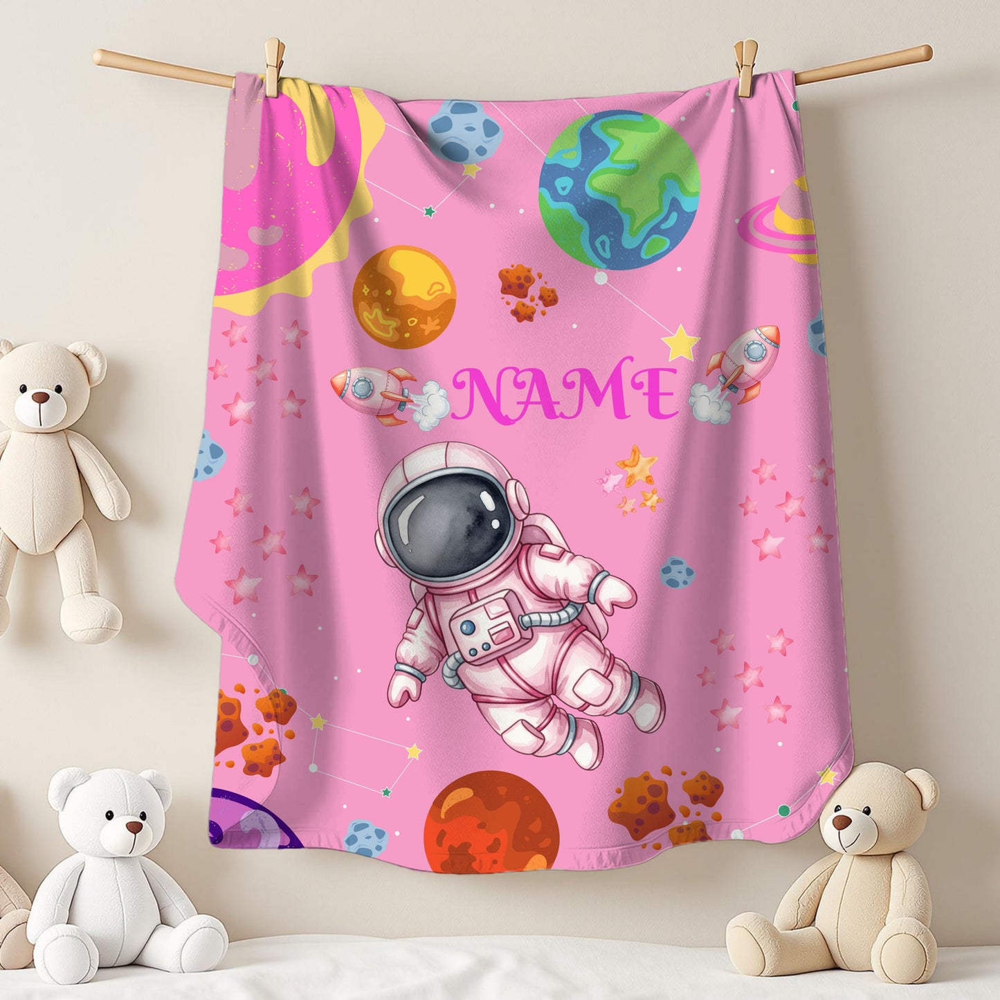 Cozy Astronaut Velveteen Blanket for Kids, Personalized Space Rocket Throw for Nursery, Gifts for Birthdays, Baby Showers, and Holidays