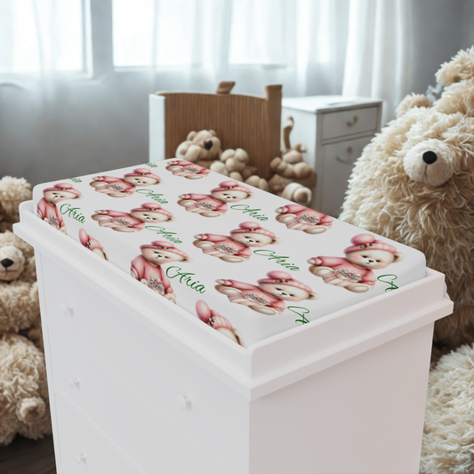 Personalized Baby Changing Pad Cover — Pink Teddy Bear Name 'Aria'