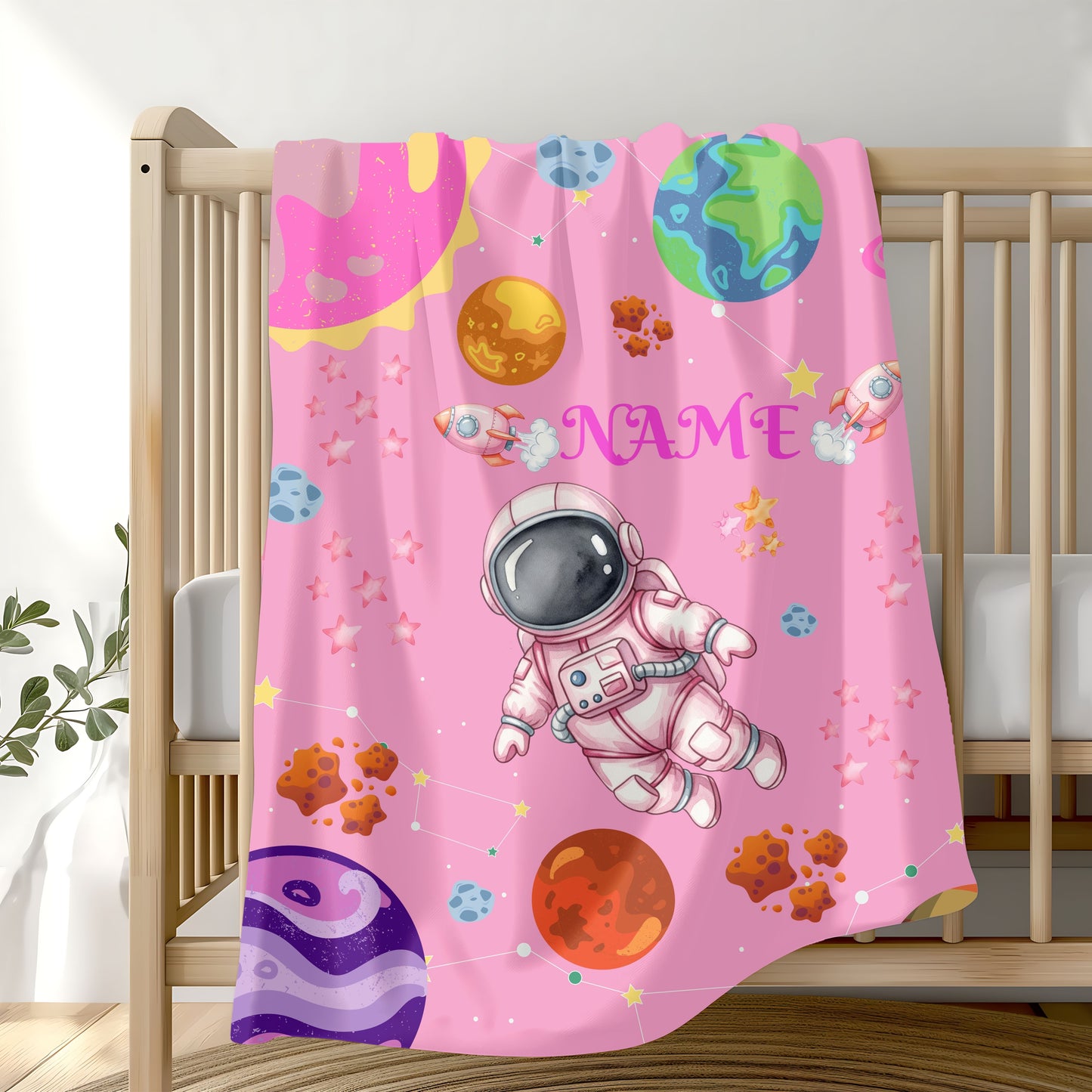 Cozy Astronaut Velveteen Blanket for Kids, Personalized Space Rocket Throw for Nursery, Gifts for Birthdays, Baby Showers, and Holidays