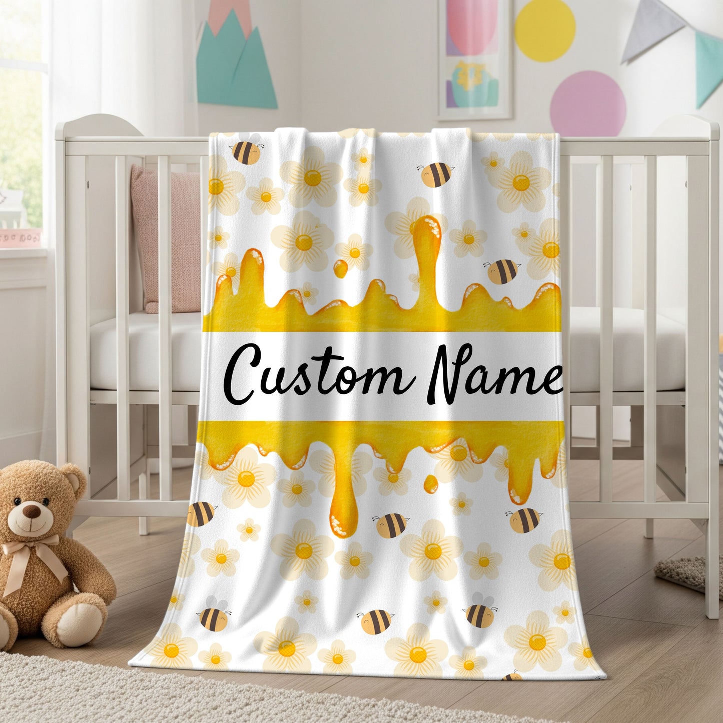 Personalized Velveteen Plush Blanket, Cozy Gift, Custom Name Throw, Bee and Flower Decor, Soft Home Accents