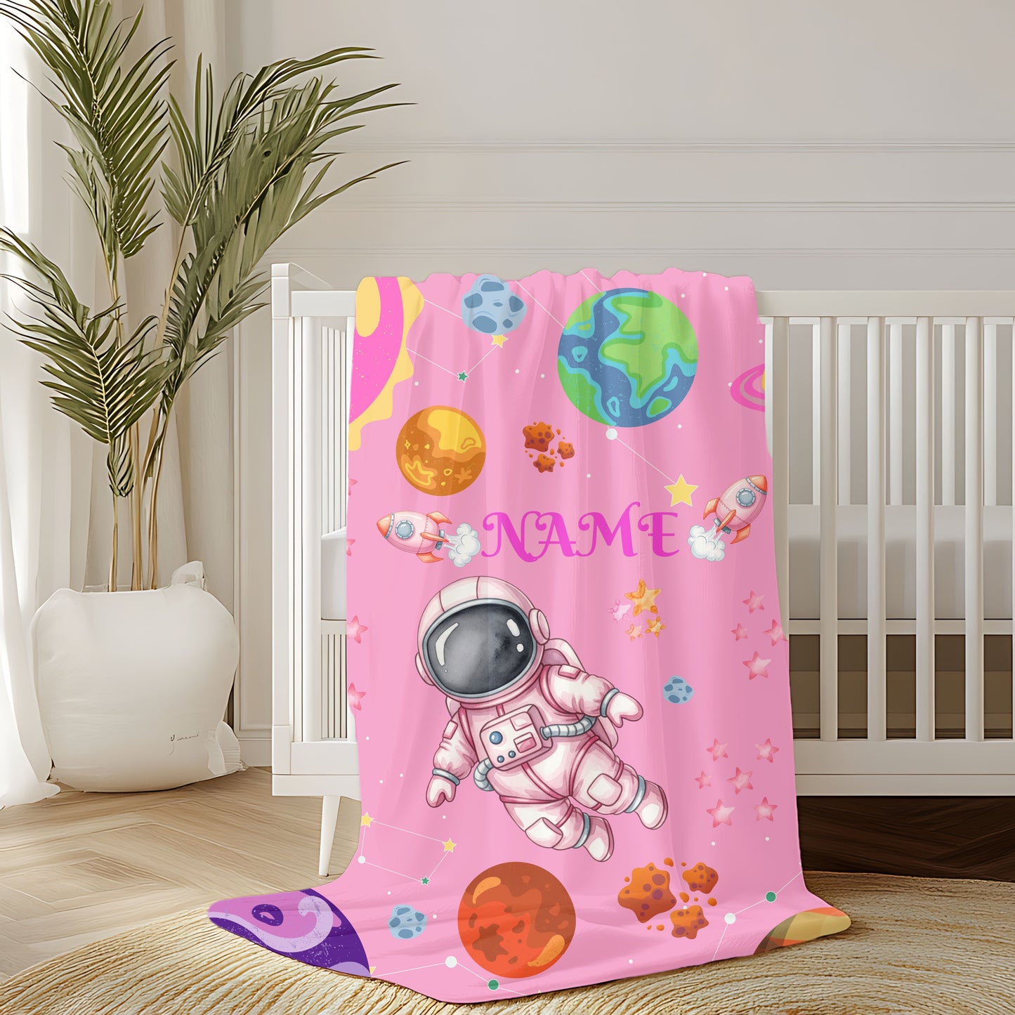 Cozy Astronaut Velveteen Blanket for Kids, Personalized Space Rocket Throw for Nursery, Gifts for Birthdays, Baby Showers, and Holidays