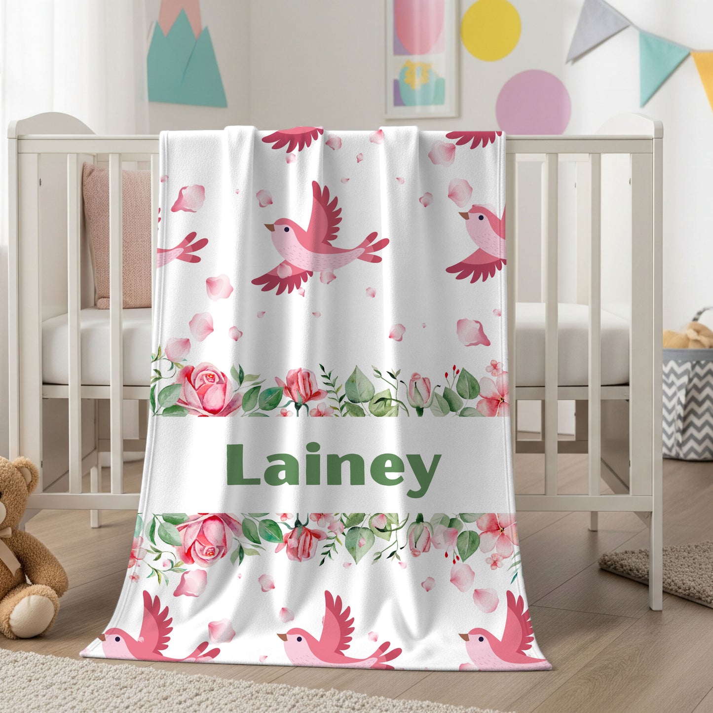 Personalized Floral Bird Plush Blanket, Cozy Blanket, Gift for Her, Nursery Decor, Baby Shower, Kids Room, Warm Throw