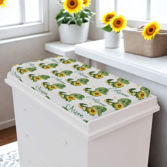 Changing Pad Cover — Cute Green Frog with Sunflower Pattern