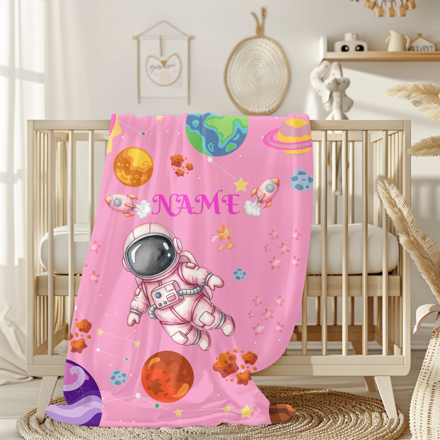 Cozy Astronaut Velveteen Blanket for Kids, Personalized Space Rocket Throw for Nursery, Gifts for Birthdays, Baby Showers, and Holidays