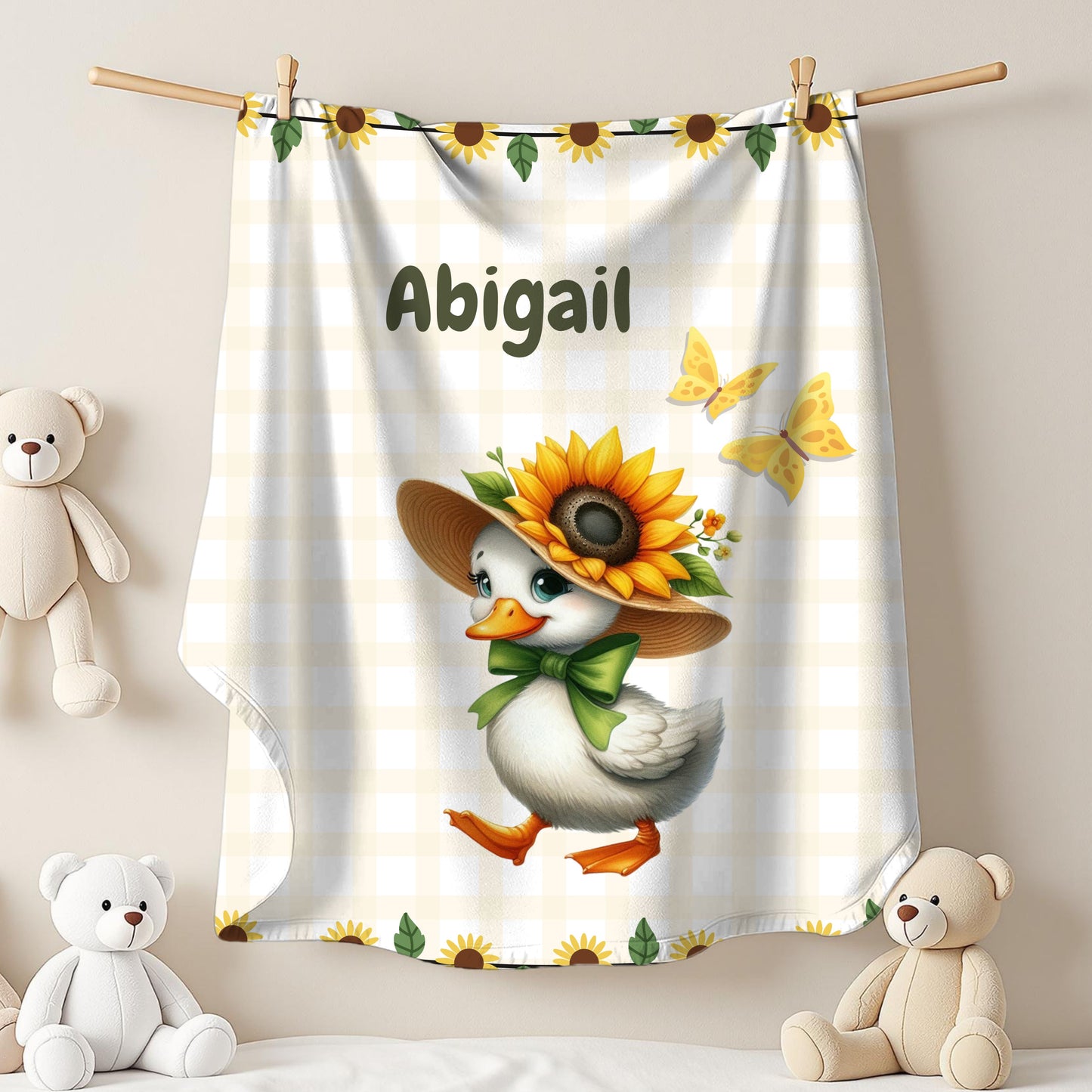 Customized Velveteen Plush Blanket with Sunflower Duck Design, Cozy Throw Blanket, Personalized Gift, Cute Nursery Decor, Baby Shower Gift