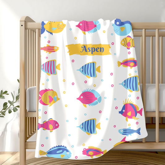 Colorful Fish Pattern Velveteen Plush Blanket, Personalized Home Decor, Cozy Throw for Beach Lovers, Great Gift for Kids, Nursery Blanket