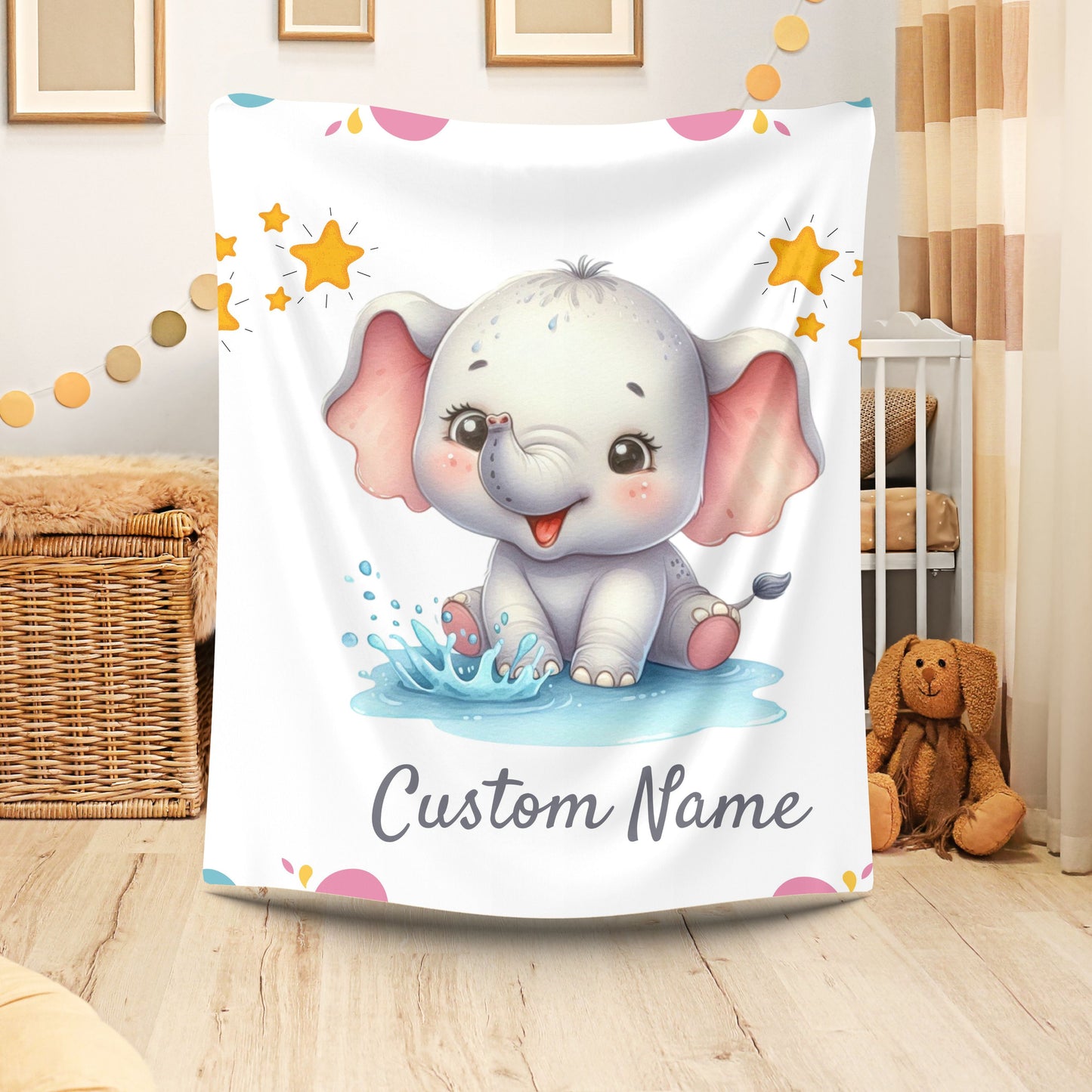 Customizable Baby Elephant Velveteen Blanket, Personalized Baby Gift, Nursery Decor, Soft Plush Blanket, Baby Shower Present, Cozy Throw