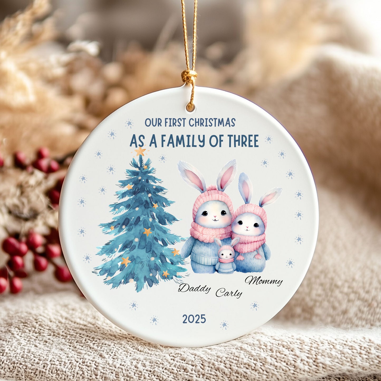 Family Christmas Ornament, Personalized Holiday Keepsake, First Christmas as a Family of Three Decoration, 2025 Family Tradition, [...]