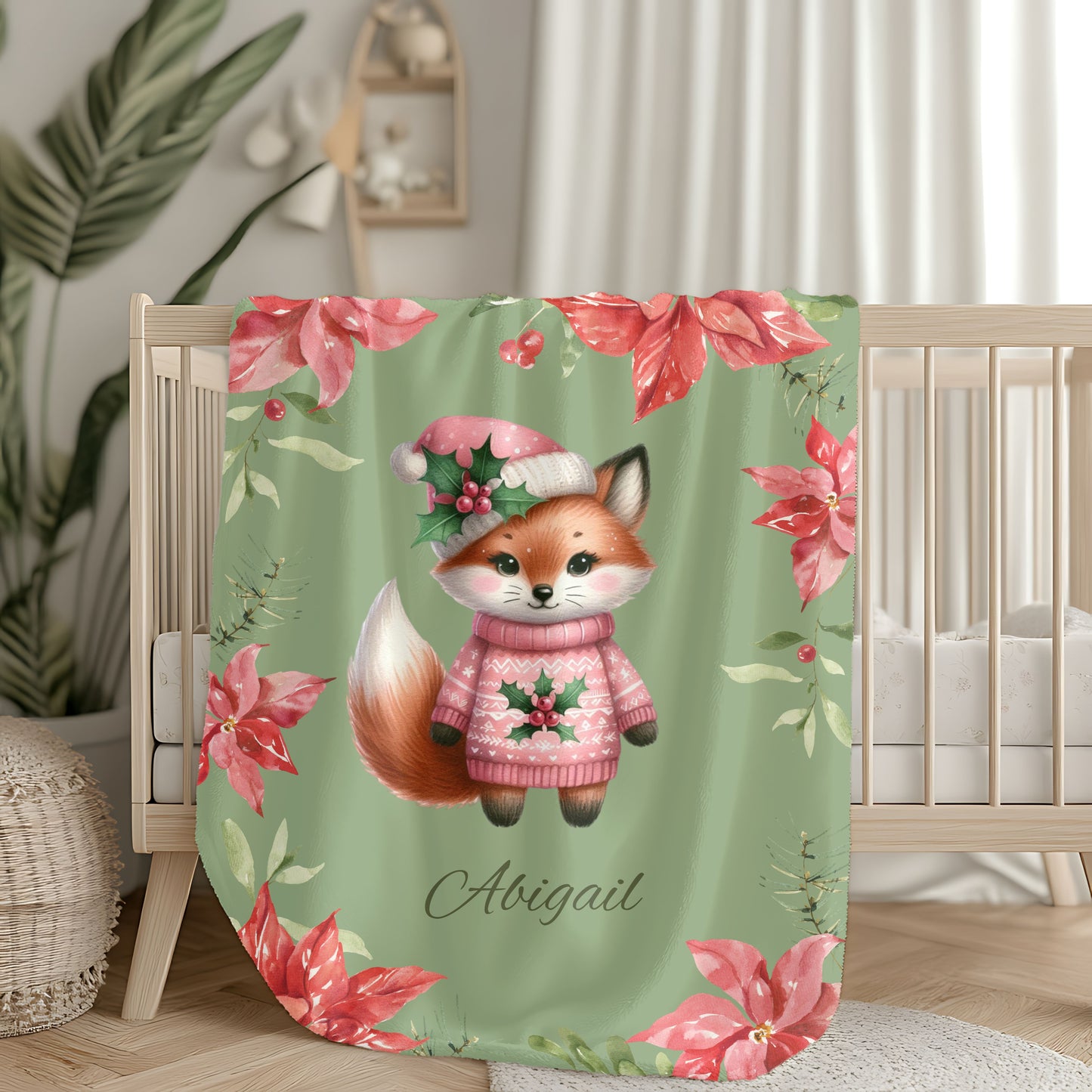 Personalized Fox Christmas Velveteen Plush Blanket, Cozy Holiday Gift, Custom Throw Blanket, Winter Decoration, Cute Pet Blanket