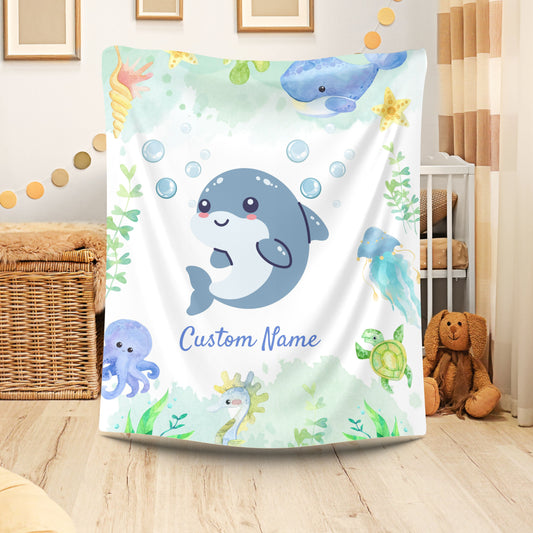 Customizable Velveteen Plush Blanket with Cute Marine Design, Ideal for Kids' Rooms, Gifts for Birthdays, Showers, and Holidays, Cozy Decor
