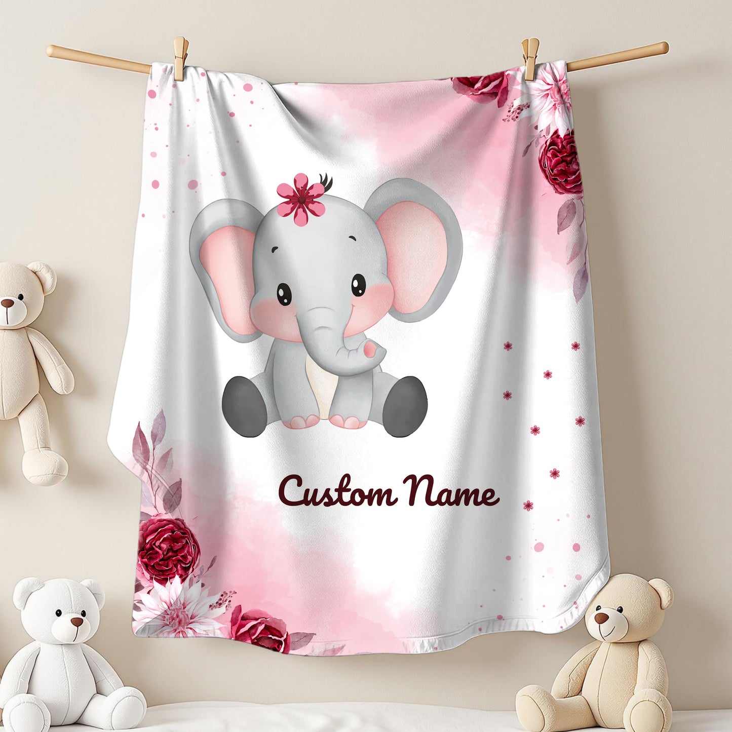Personalized Elephant Plush Blanket, Baby Shower Gift, Nursery Decor, Custom Name Blanket, Soft Baby Blanket